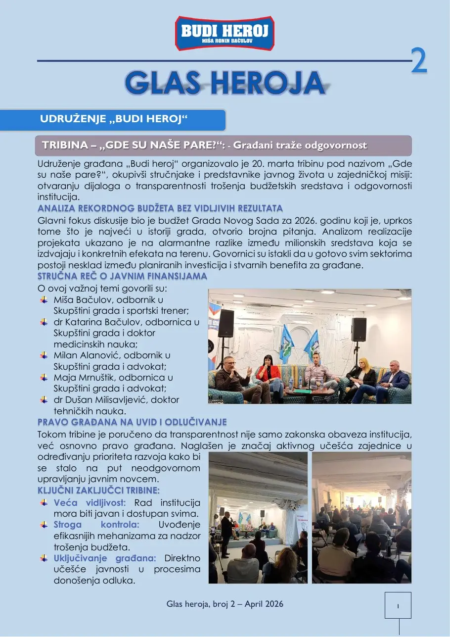 Naslovna strana biltena Glas heroja, broj 2, April 2026.